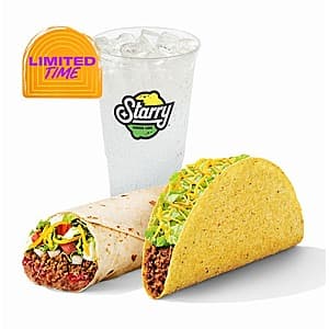 Kevin Hart's Usual Combo featuring a Burrito Supreme, Crunchy Taco, and medium fountain drink.