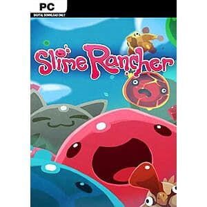 Slime Rancher PC game cover art featuring Beatrix LeBeau and colorful slimes on an alien landscape.
