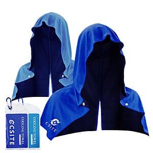 Two-pack of CSITE instant cooling hoodie towels in UPF 50 fabric, 29"×12" size, shown in Royal Blue and Light Blue color options.