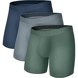 Three-pack of men's Hanes SuperSoft Viscose Bamboo Boxer Briefs in grey, green, and navy colors.