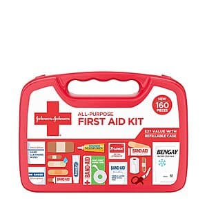 Durable plastic case containing 160 pieces of assorted Band-Aid first aid supplies.