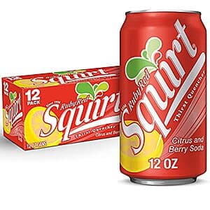 12-pack of 12-oz Squirt Ruby Red Grapefruit Soda cans in red packaging.