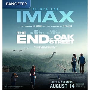 IMAX theater promotion for The End of Oak Street with showtimes and ticket booking interface.