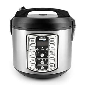 Aroma Housewares Professional Plus digital rice cooker with stainless steel exterior and black accents, showing the 20-cup cooked capacity unit with control panel and lid.