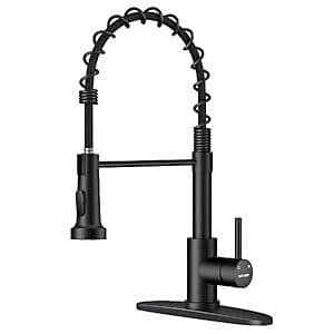 WEWE single-handle pull-down kitchen faucet with matte black finish mounted above a sink.