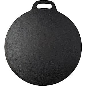 Victoria 12-inch cast iron tawa dosa pan with a dark finish and loop handle, shown from above.