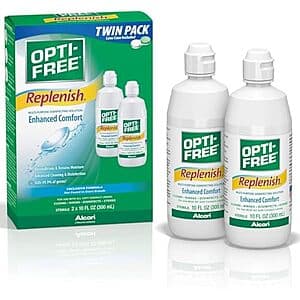 Two 10-ounce bottles of Opti-Free Replenish multi-purpose contact lens solution in clear plastic packaging with blue and white labeling.