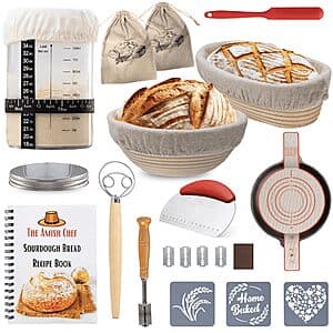 Glass sourdough bread starter jar kit with two woven baskets included.