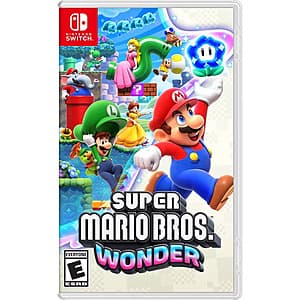 Super Mario Bros. Wonder Nintendo Switch game case featuring colorful character artwork and packaging for the U.S. edition.