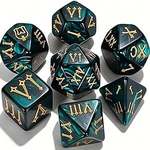 7-piece polyhedral dice set in deep teal pearl with included black velvet drawstring bag.
