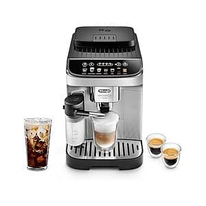 Refurbished De'Longhi Magnifica Evo stainless steel espresso machine with integrated grinder and milk frother.