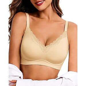 HORISUN V-neck wireless bra with lace trim detail and jelly support construction in various colors.