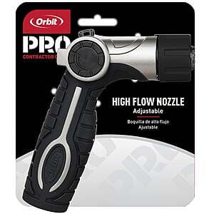 Orbit Pro heavy-duty garden hose nozzle with black and gray body and adjustable thumb control mechanism for water flow regulation.