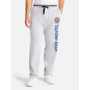 Navy blue men's sweatpants with Spider-Man graphic design and embroidered patch on front, straight leg cut with mid-rise fit.