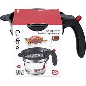 Black Cuisinart 4-cup grease separator with bottom release valve and measurement markings on the side.