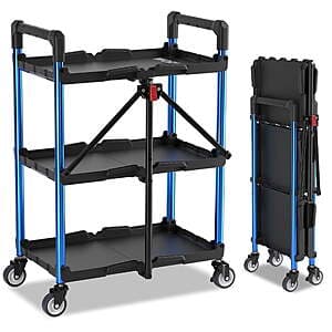 WORKPRO 3-tier folding collapsible service cart with wheels in dark color, featuring multiple shelves and 210-lb loading capacity.