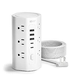 10' 1700J Superdanny Tower Power Strip w/ 12 AC Outlets, 3 USB-A & 2 USB-C Ports $13.50
