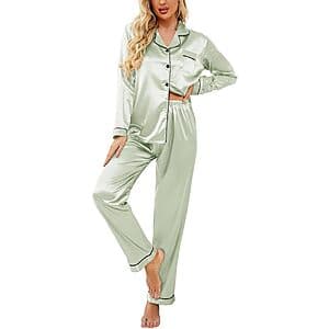 Ekouaer Women's Classic Button Down Satin Feel Pajamas (Various Colors) $12