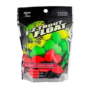 36-count package of Trout Magnet E-Z Trout slotted fishing floats in red and white coloring.