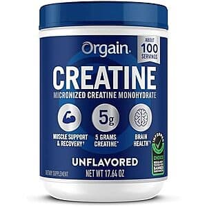 Orgain Creatine Monohydrate Micronized Powder in a 17.64 oz unflavored container with white and green branding.
