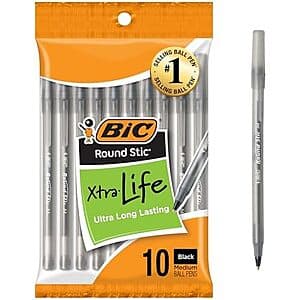 10-pack of BIC Round Stic Xtra Life black ball point pens (1.0mm medium point) in packaging.