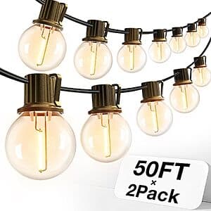 Addlon G40 LED outdoor string lights with warm white bulbs strung horizontally, 100 feet in length.