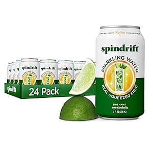 24-pack box of Spindrift 12-oz sparkling water cans in Nojito flavor with branded packaging.