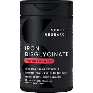 Sports Research 25mg Iron Bisglycinate bottle of 90 liquid veggie capsules with chelated ferrochel, packaged in a white and blue labeled container.