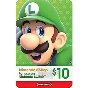 Nintendo eShop Gift Card digital code product display showing $10 denomination for Switch, Wii U, and 3DS platforms.