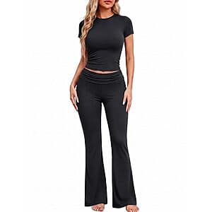 2-Pc Ekouaer Women's Pajama/Lounge Set w/ Crop Top & Flare Pants (various colors) $11