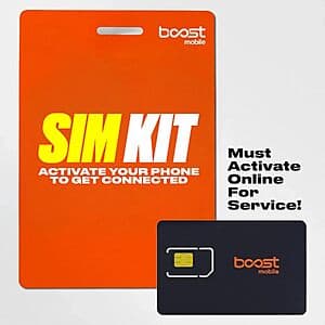 Boost Mobile SIM kit package with branding, showing 1-month unlimited plan details and 30GB data allowance.