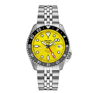 Seiko 5 Sports 42.5mm watch with stainless steel case, yellow dial, luminous hands and markers, and screwdown caseback.