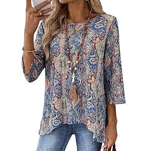 Totatuit Women's 3/4 Sleeve Crew Neck Floral Tunic Top (Various) $5