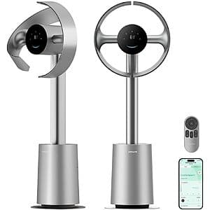 DREAME MF10 bladeless tower fan with tall cylindrical silver design and spatial airflow technology.