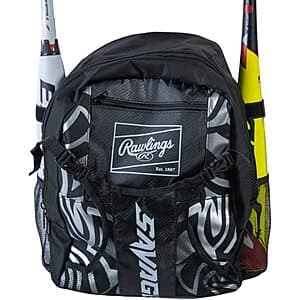 Rawlings SAVAGE youth sports backpack in black and silver with zipper closure, removable shoulder strap, and main compartment for baseball and softball equipment.