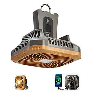 Brown Odoland portable camping fan and LED lantern with integrated 6000mAh rechargeable battery pack.