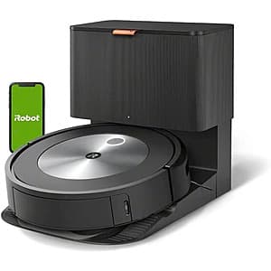 Certified Refurbished iRobot Roomba j7+ black and silver self-emptying robot vacuum with charging dock.