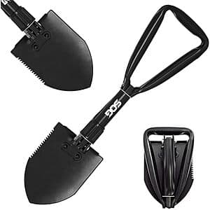 SOG 18.25-inch stainless steel folding entrenching tool with black handle in closed position.
