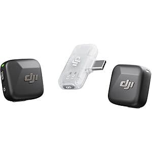 DJI Mic Mini wireless microphone system package containing 2 compact transmitters and 1 mobile receiver unit.