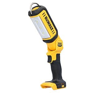 DeWALT 20-volt MAX LED work light with three LED heads and 140-degree pivoting mount, gray and black design.