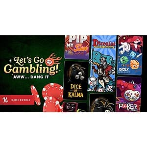 Colorful collection of 8 dice and card game title logos representing the Lets Go Gambling PC bundle.