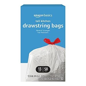 50-Ct 13-Gal Amazon Basics Flextra Tall Kitchen Drawstring Trash Bags $4.20 w/ S&S