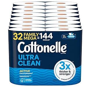 32-Pack Cottonelle Toilet Paper Family Mega Rolls (Ultra Clean) $26.10 w/ Subscribe & Save