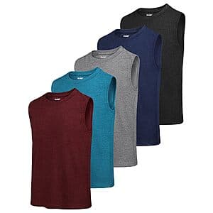 5-pack of assorted-color boys dry-fit sleeveless tank tops with textured design, laid flat.