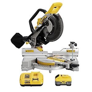 DEWALT 20V MAX XR cordless 10-inch double bevel miter saw with compact design and integrated battery compatibility.