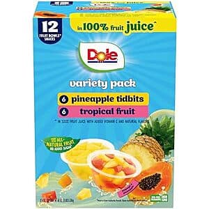 12-Pk 4-Oz Dole Fruit Bowl Snacks (Pineapple Tidbits & Tropical Fruit) $5.35 w/ S&S