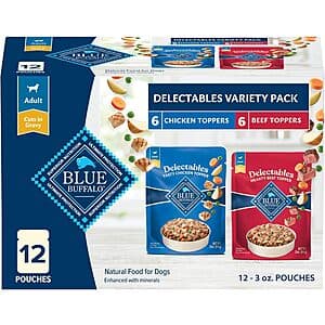 12-Pack 3-Oz Blue Buffalo Delectables Wet Dog Food Toppers (Chicken & Beef) $9.85 w/ Subscribe & Save
