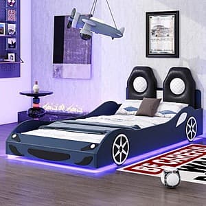Nestfair Wood Frame Car-Shaped Twin Platform Bed w/ LED & Upholstered Backrest $300 + Free S&H