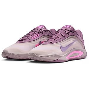 Nike A'One basketball shoes in Volt Dust, Pink Splice, and Pearl Pink colorway with 'Dog Mom' theme.
