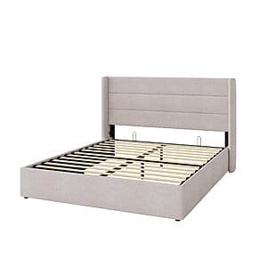 Light beige upholstered queen bed with modern wingback headboard, hydraulic lift-up storage frame, wood slats and metal construction.